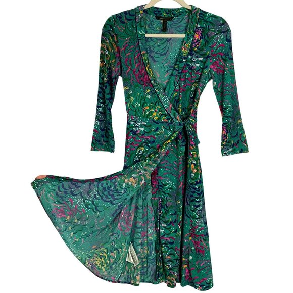 BCBGMaxazria Teal, Floral Wrap Dress, size XS, 95% Polyester & 5% Spandex - Picture 5 of 14